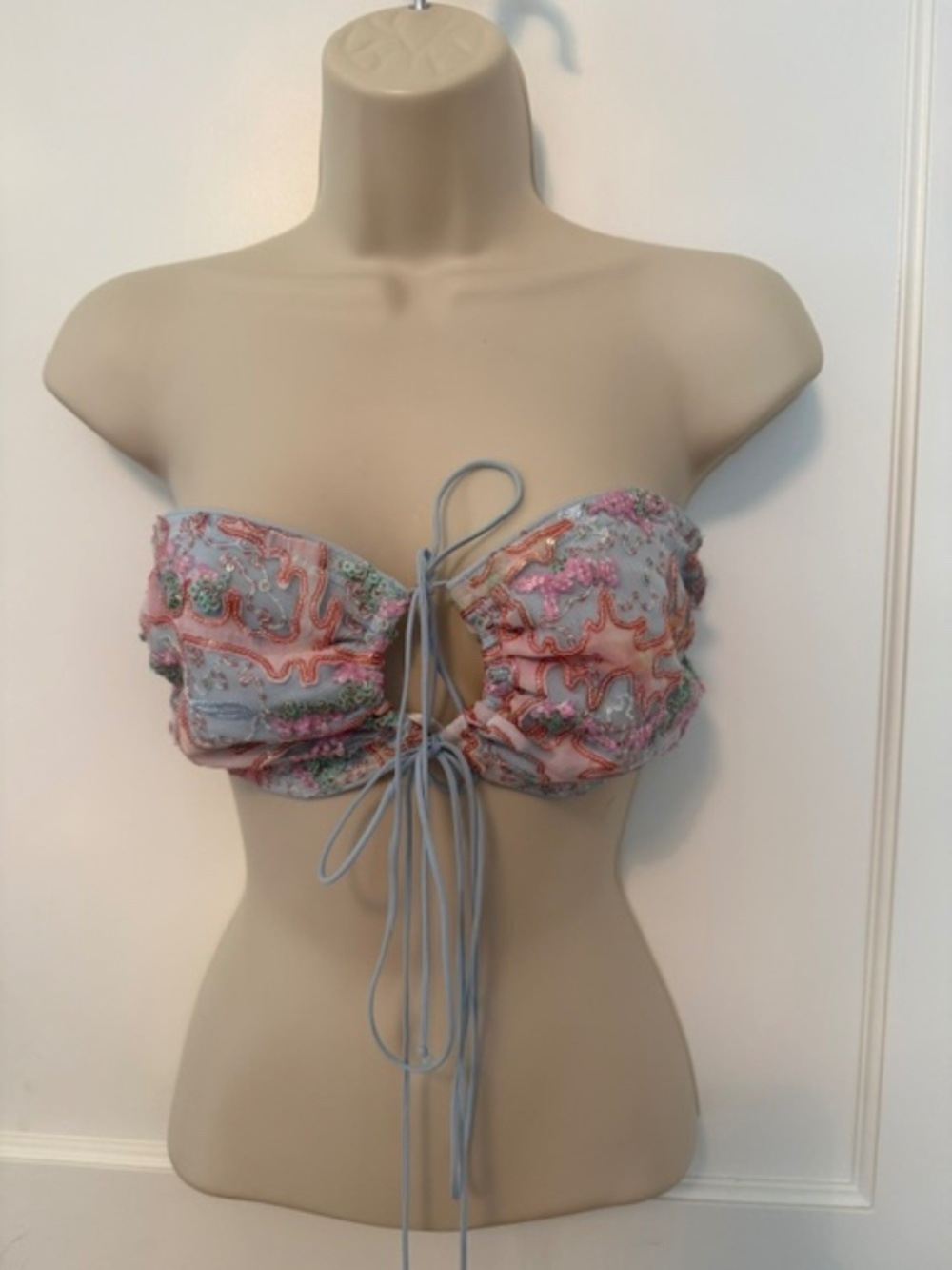 LOVERS + FRIENDS Pastels Embroidered Beaded Strapless Tie Front Bra Top